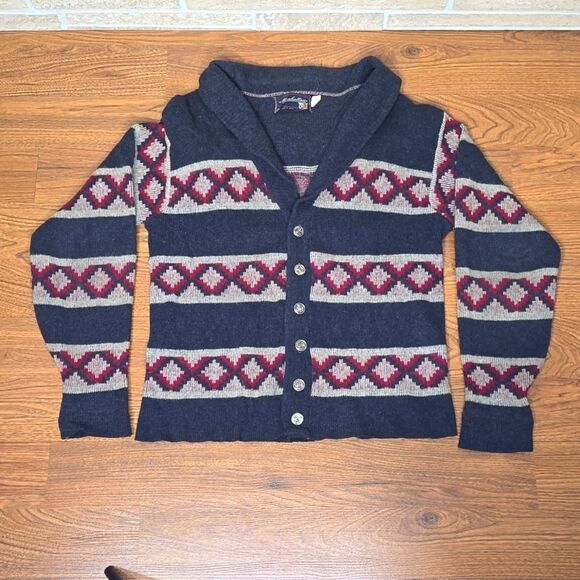 50s MANHATTEN WOOL BLEND COWICHAN COWL CARDIGAN GRAY RED SILVER BUTTONS VINTAGE - Picture 1 of 10